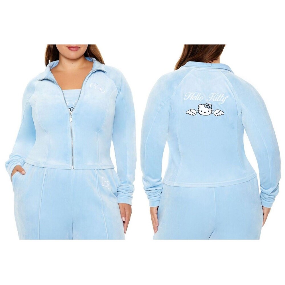 3X NEW Womens HeLLO KiTTY FoReVeR 21 Blue Angel Velour Crop Track Top Zip Jacket